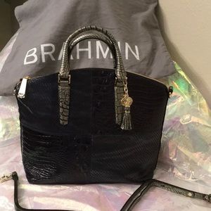 Brahmin large Duxbury Croc Embossed Navy Leather satchel and matching wallet